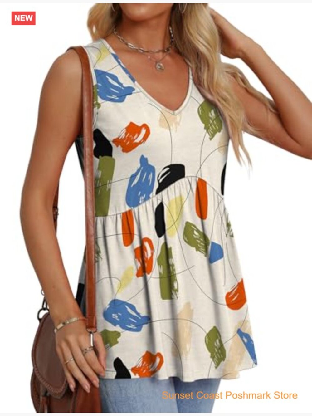 Flowy Peplum V-Neck Sleeveless Tank Top Babydoll Dressy Casual Top - Picture 4 of 7